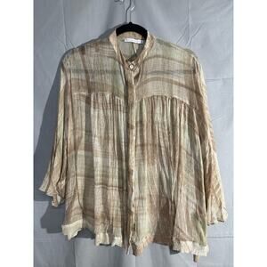 Le Lis Blanc Top Shirt Womens Small Beige Silk Sheer Button Lagenlook Capsule